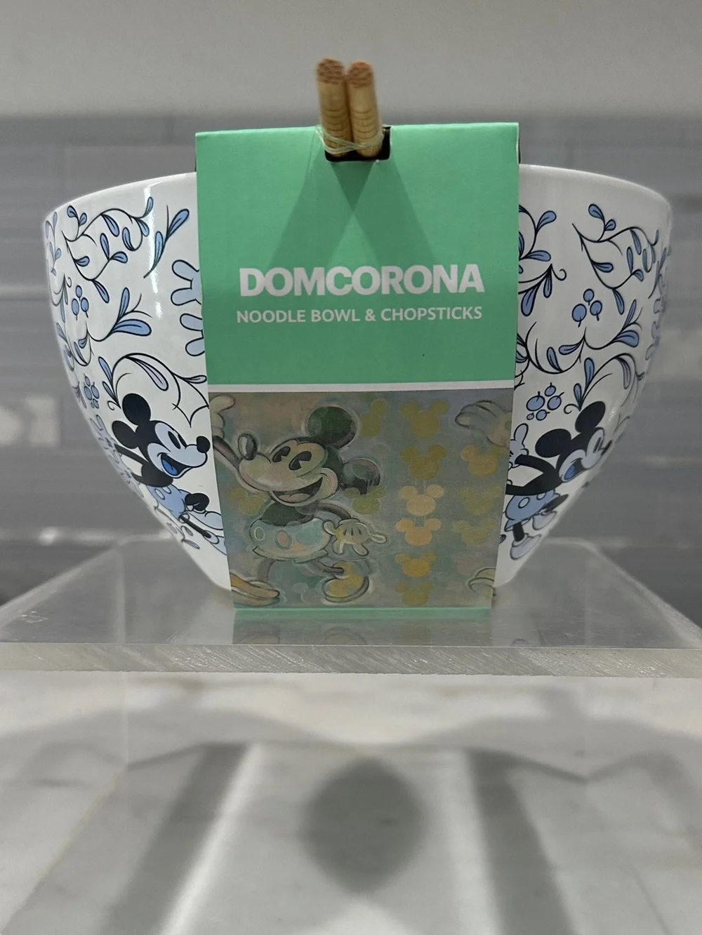 Disney Mickey Mouse Blue Floral Ceramic Noodle Bowl with Chopsticks Set NIB
